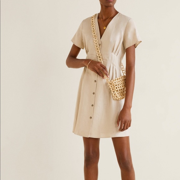 zara linen dress with buttons LINEN BLEND MINI DRESS - Tobacco